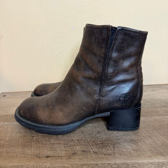 Timberland Leather Ankle Boots Shoes Side Zip Women's Brown Size US 6.5 - Picture 2 of 9